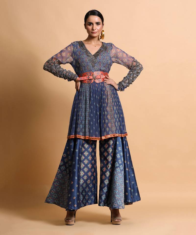 Indigo Blue Burfee Print Embroidered Pant Set