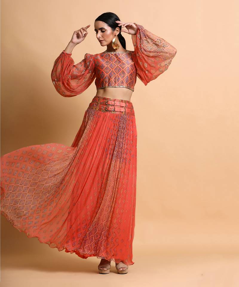 Salmon Burfee Print Skirt Set