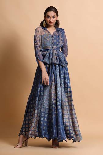 Indigo Blue Burfee Print Skirt Set