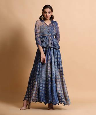 Indigo Blue Burfee Print Skirt Set 1