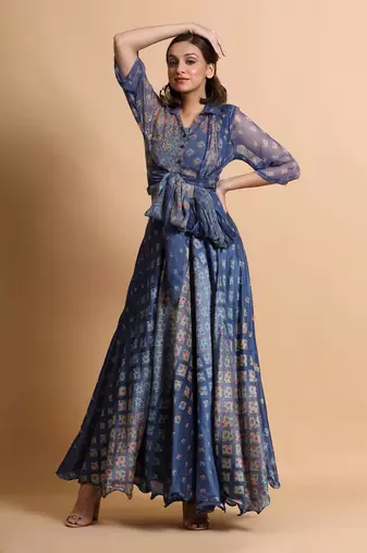 Indigo Blue Burfee Print Skirt Set