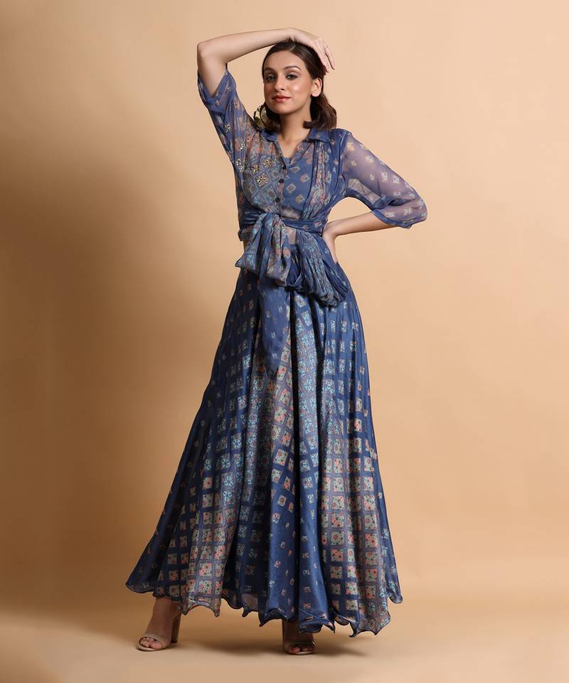 Indigo Blue Burfee Print Skirt Set