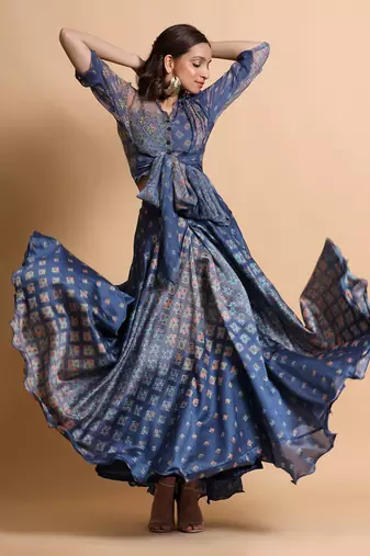 Indigo Blue Burfee Print Skirt Set