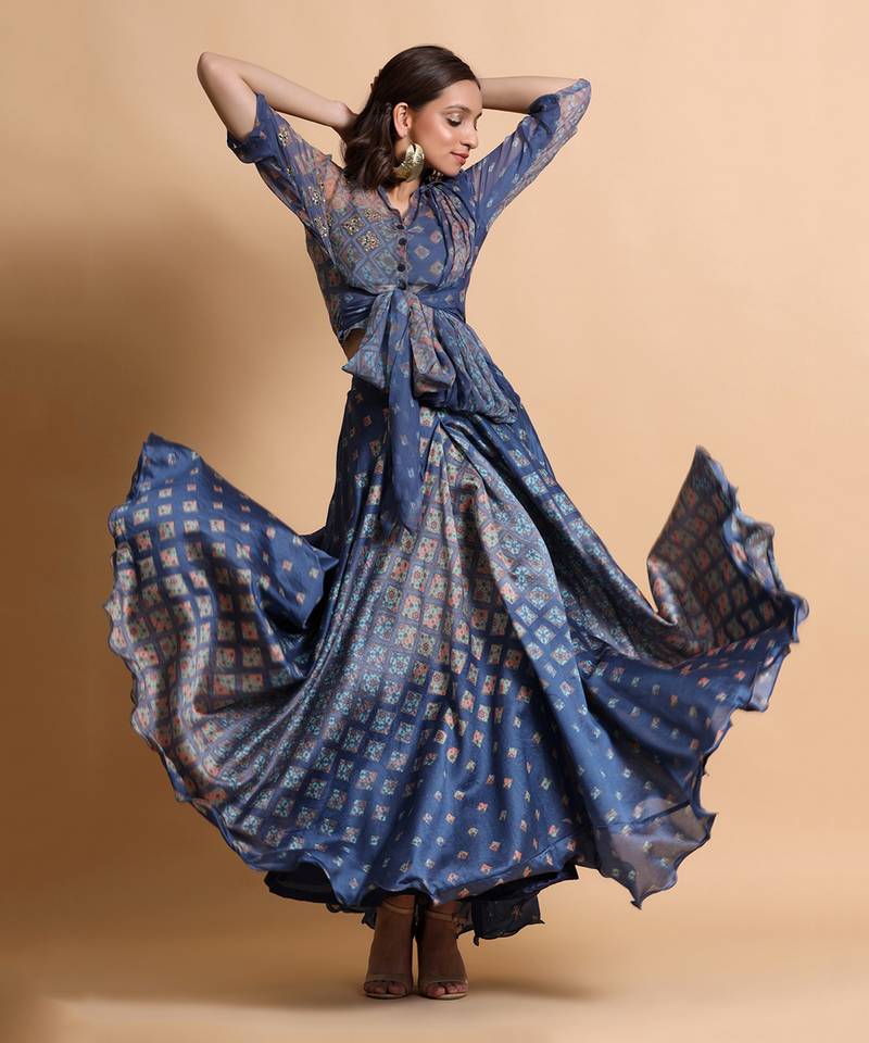 Indigo Blue Burfee Print Skirt Set