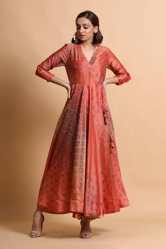 Salmon Burfee Print Wrap Dress With Belt Bag