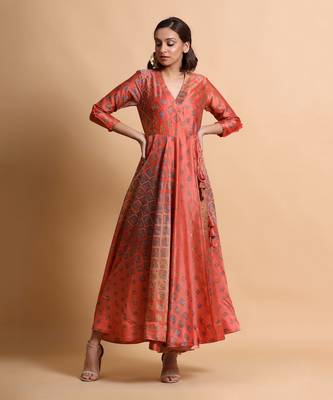 Salmon Burfee Print Wrap Dress With Belt Bag 1
