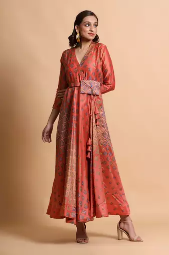 Salmon Burfee Print Wrap Dress With Belt Bag