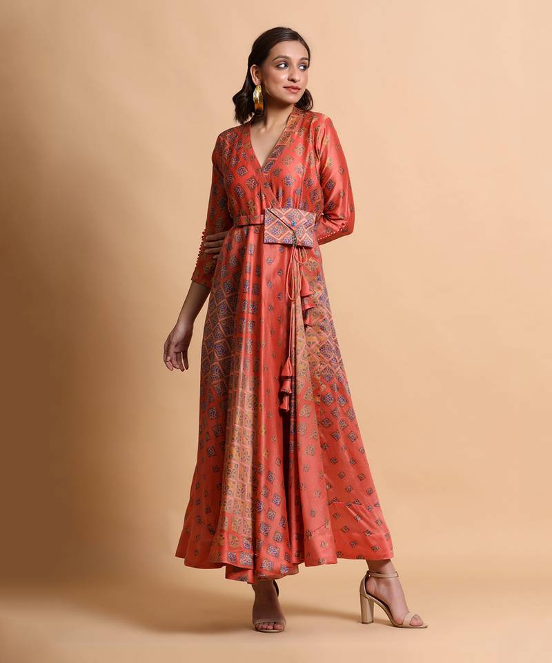 Salmon Burfee Print Wrap Dress With Belt Bag