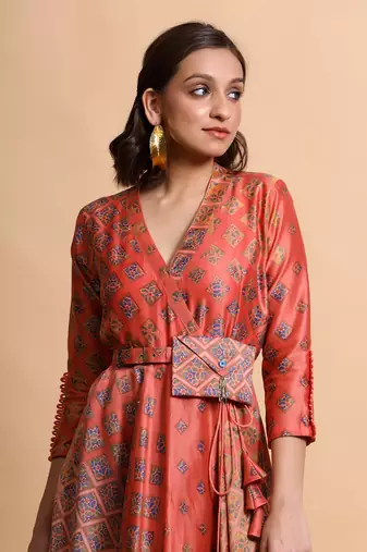Salmon Burfee Print Wrap Dress With Belt Bag