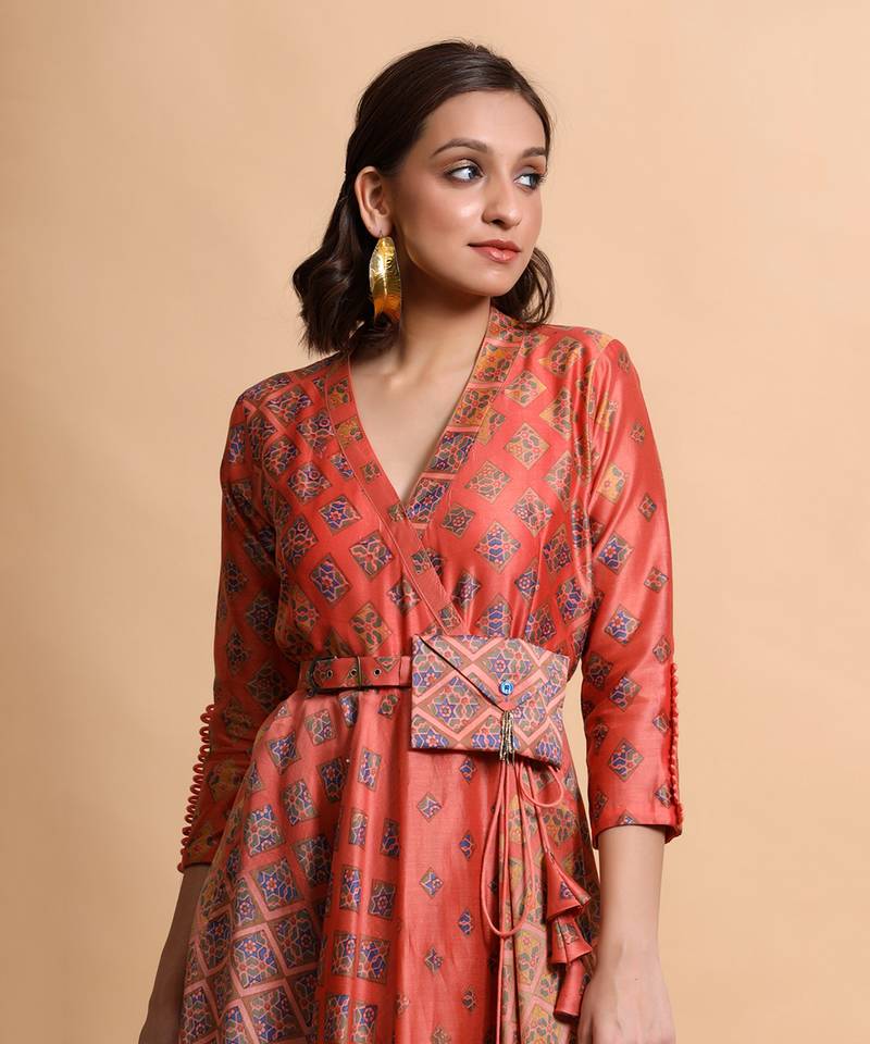Salmon Burfee Print Wrap Dress With Belt Bag