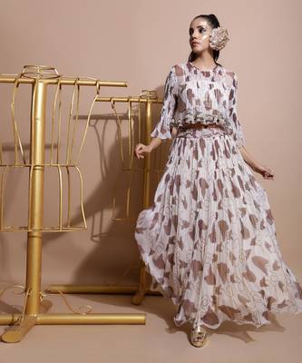 White Printed Fawn Paan Sutra Skirt Set 2