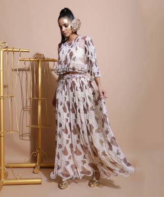White Printed Fawn Paan Sutra Skirt Set 1