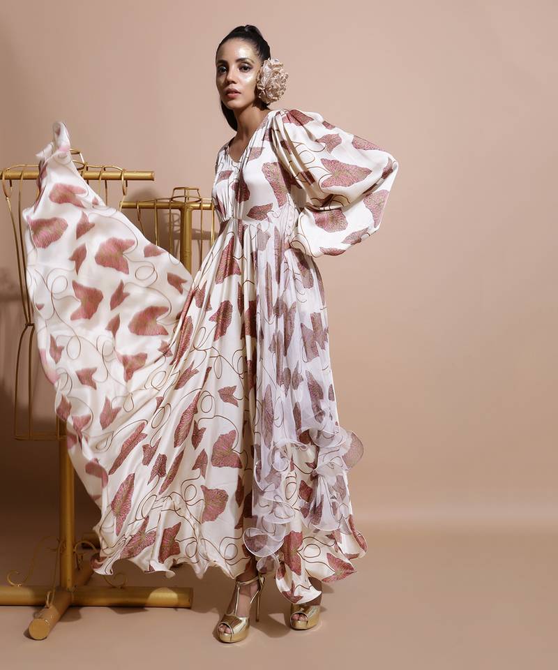White Printed Fawn Paan Sutra Maxi Dress