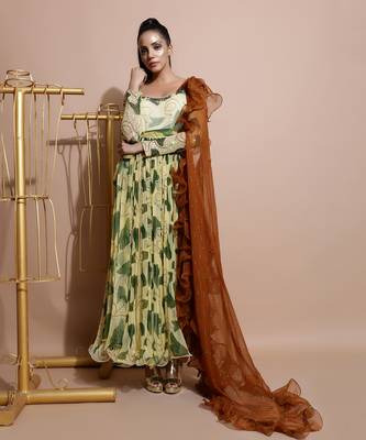 Yellow Paan Sutra Long Dress With Frill Dupatta 1
