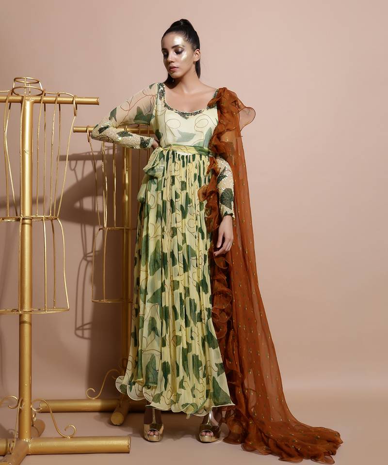 Yellow Paan Sutra Long Dress With Frill Dupatta
