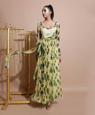 Yellow Paan Sutra Long Dress With Frill Dupatta 3