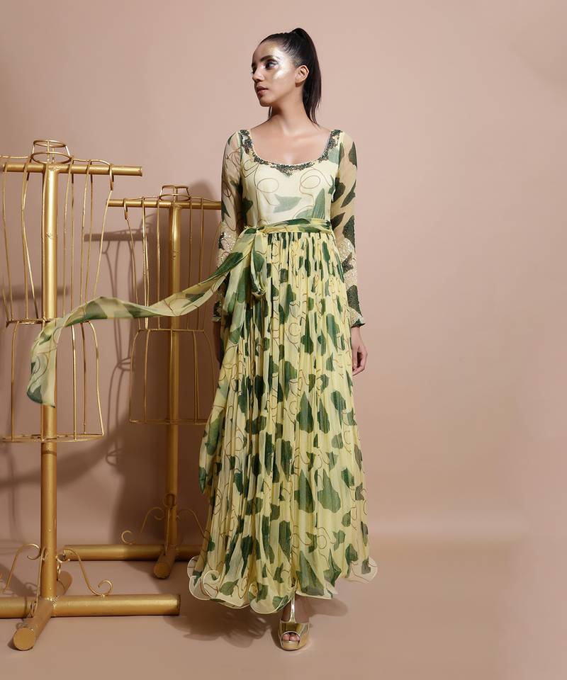 Yellow Paan Sutra Long Dress With Frill Dupatta