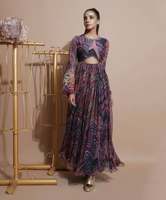 Navy Leheriya Print Sleeved Dress 1