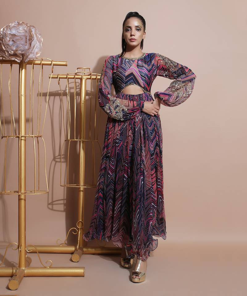 Navy Leheriya Print Sleeved Dress