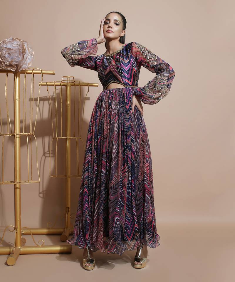 Navy Leheriya Print Sleeved Dress