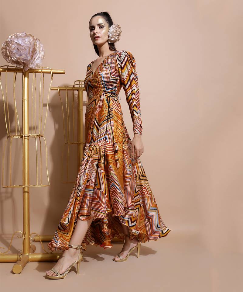 Mustard Leheriya Print Angrakha Style Dress