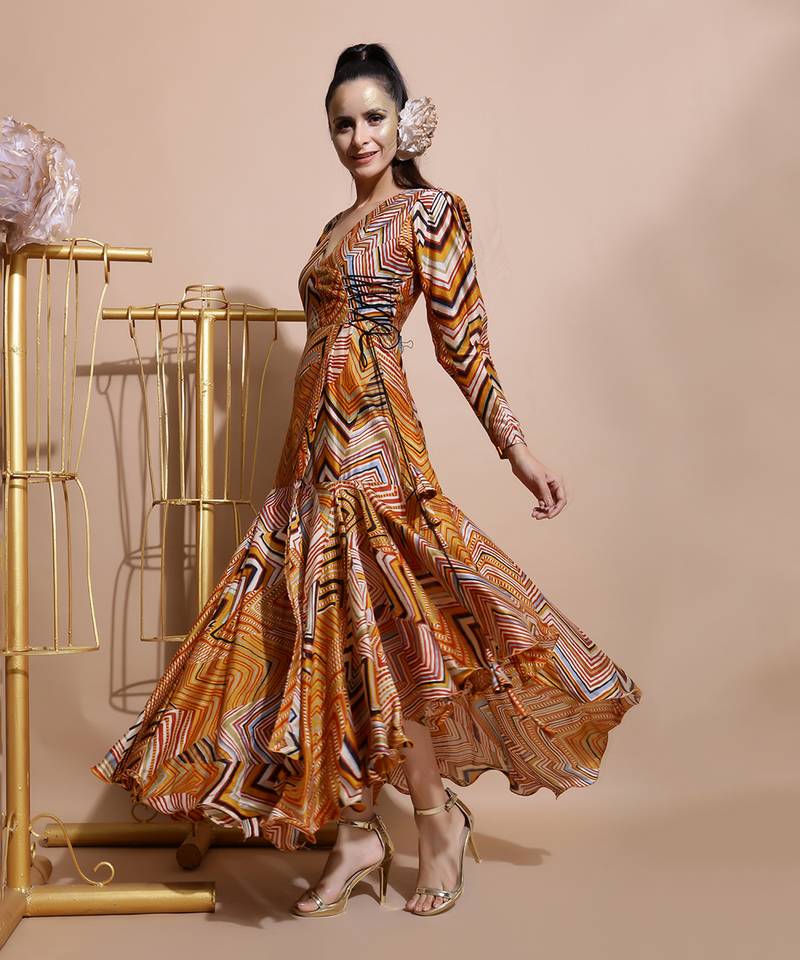 Mustard Leheriya Print Angrakha Style Dress