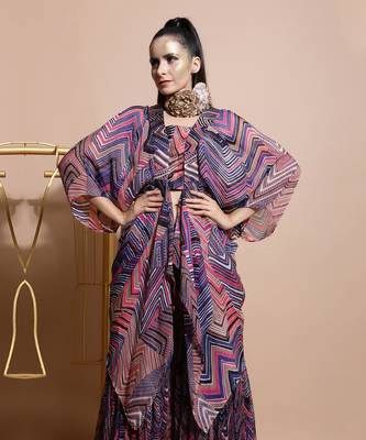 Navy Leheriya Print Organza Cape  2