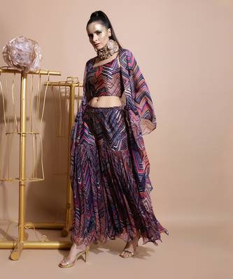 Navy Leheriya Print Organza Cape  3