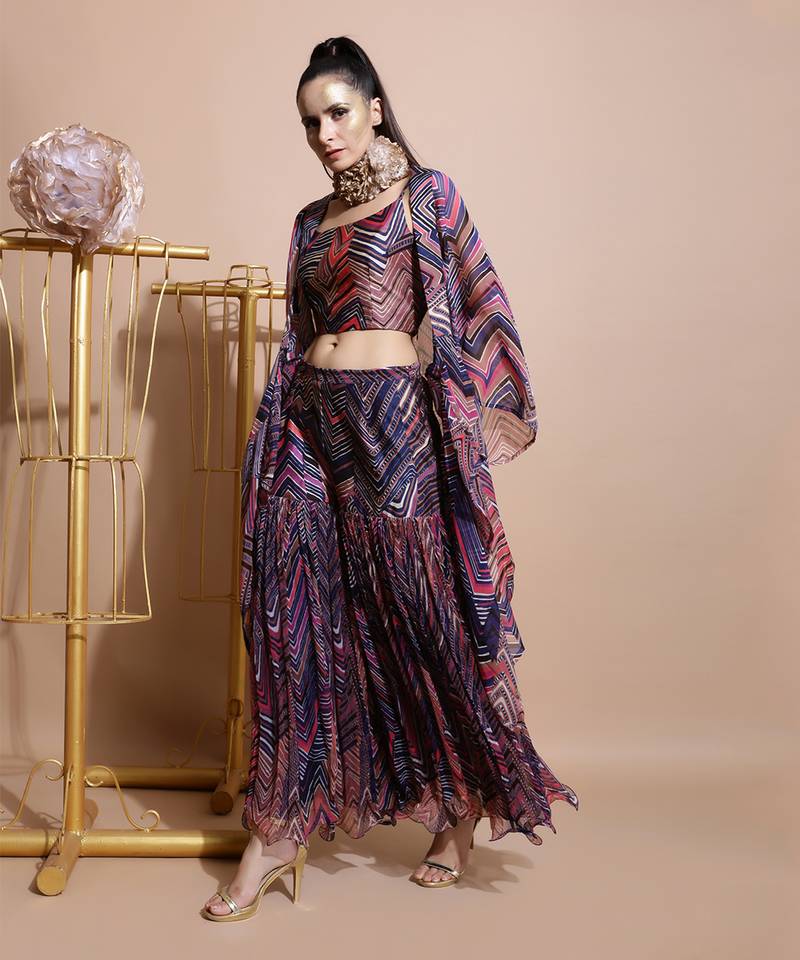 Navy Leheriya Print Organza Cape 