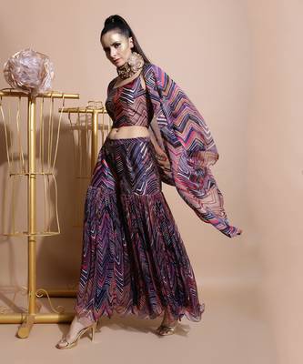Navy Leheriya Print Organza Cape  4