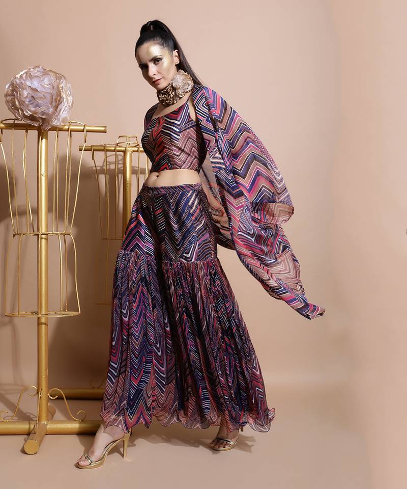 Navy Leheriya Print Organza Cape 