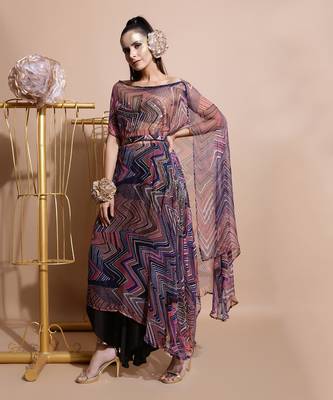 Navy Leheriya Print Chiffon Cape  1