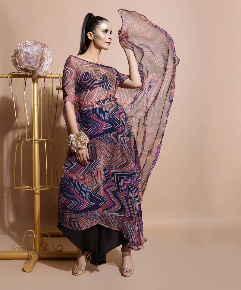 Navy Leheriya Print Chiffon Cape 