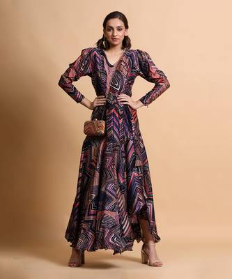 Navy Leheriya Print Tier Wrap Tie-Up Dress 2