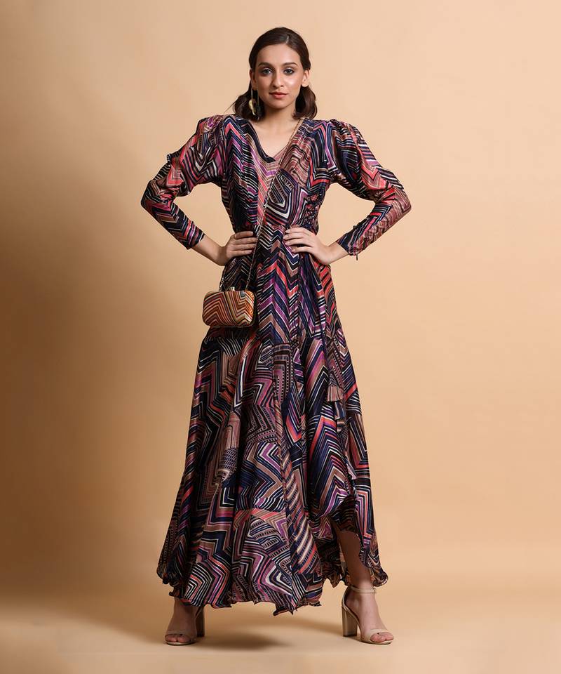 Navy Leheriya Print Tier Wrap Tie-Up Dress