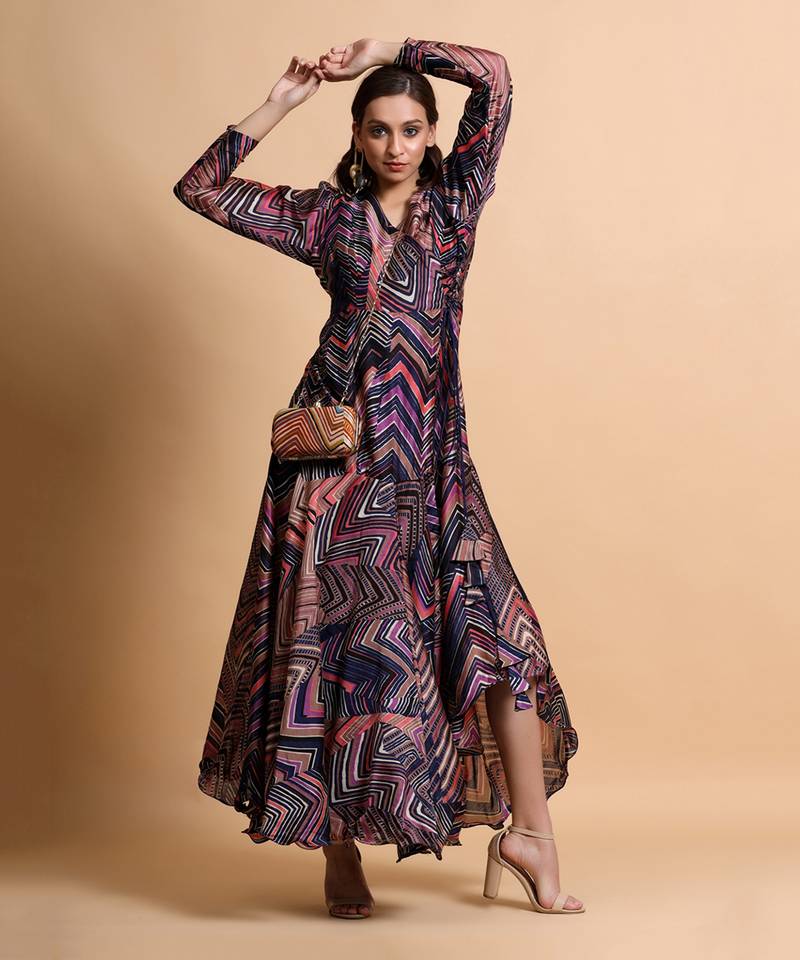 Navy Leheriya Print Tier Wrap Tie-Up Dress