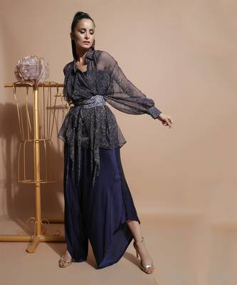 Navy Splash Waterfall Shirt With Belt 1
