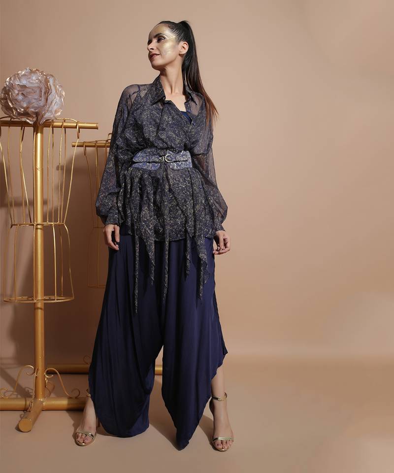 Navy Splash Waterfall Shirt With Belt