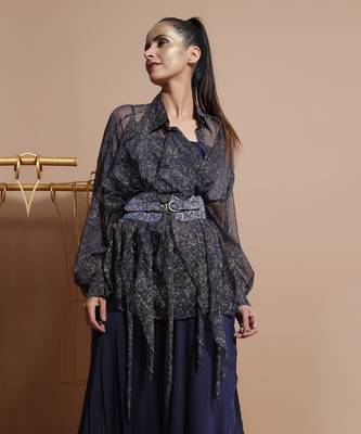 Navy Splash Waterfall Shirt With Belt 3
