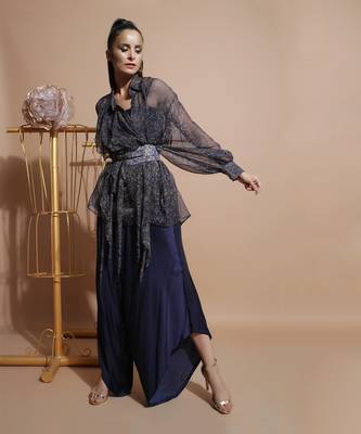 Navy Splash Waterfall Drape Pant Set 1