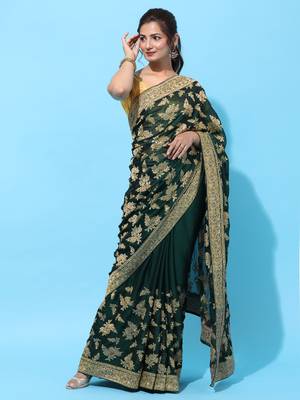 Green embroidered art silk saree with blouse 1