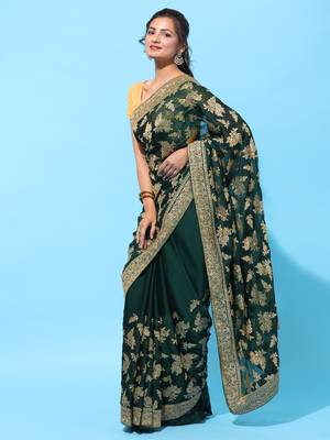 Green embroidered art silk saree with blouse 3