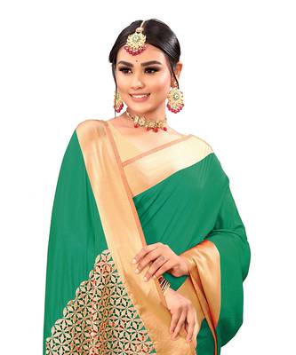 Green woven satin saree with blouse 2
