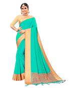 Turquoise woven satin saree with blouse