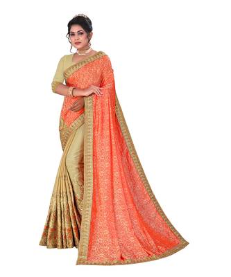 Orange embroidered jacquard saree with blouse 1