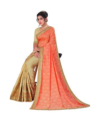 Orange embroidered jacquard saree with blouse 2