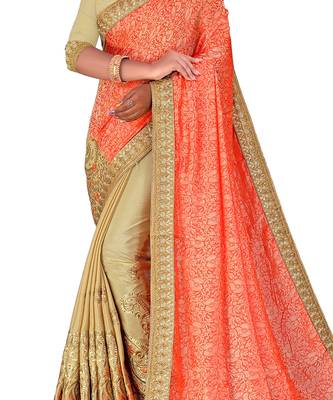 Orange embroidered jacquard saree with blouse 5