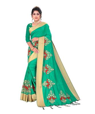 Green embroidered satin saree with blouse 1