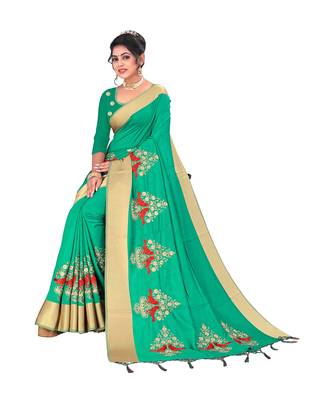 Green embroidered satin saree with blouse 2