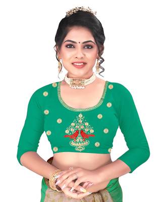 Green embroidered satin saree with blouse 3